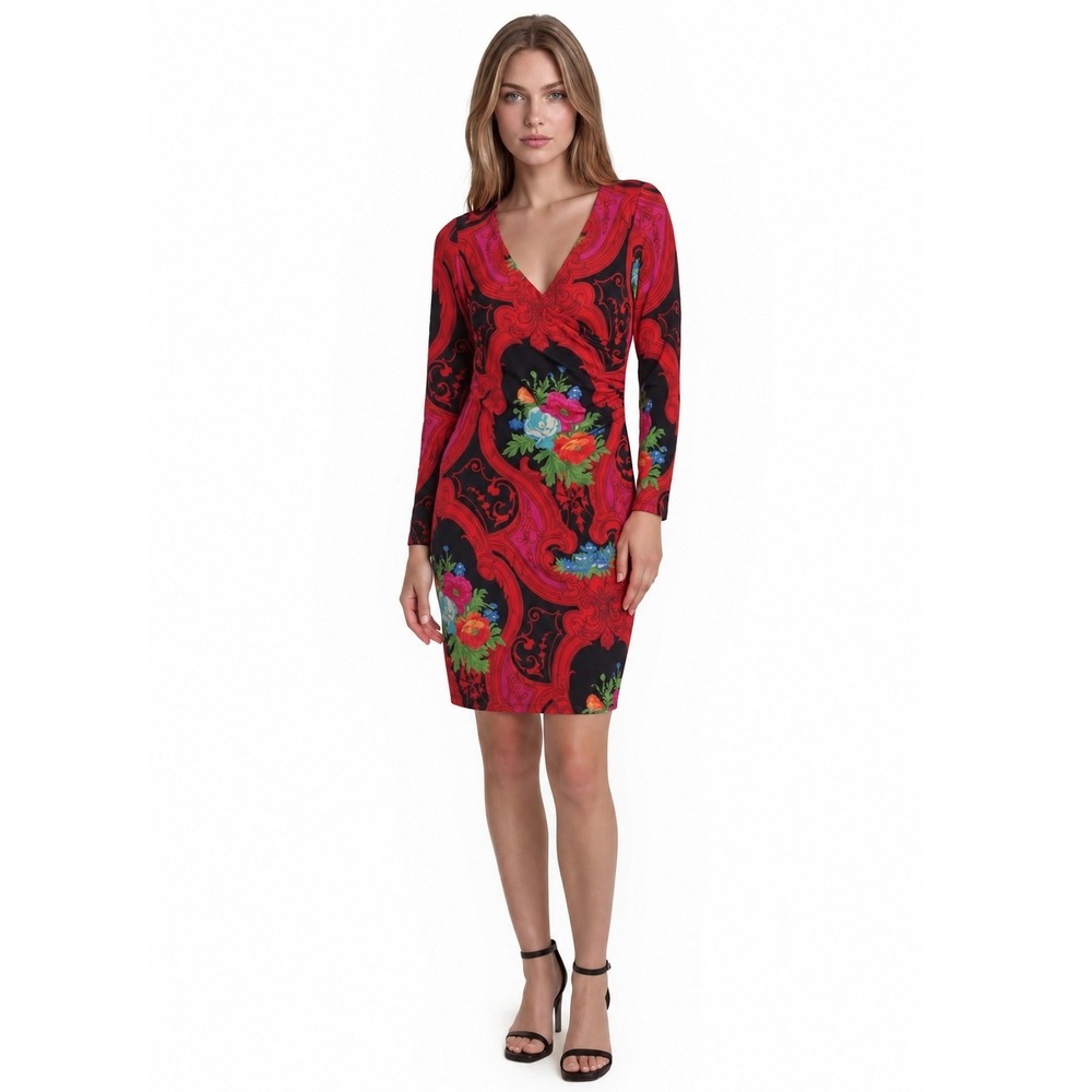 NWT Julie Brown Lila Dress Women's Size Large Red Black Floral Baroque Ruched